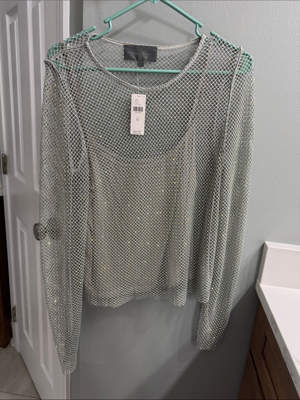 Sunday in Brooklyn Anthropologie Grey Green Rhinestone Mesh Top
